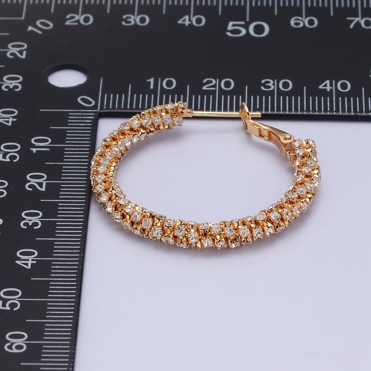 16K Gold Filled Clear Micro Paved CZ Lined Latch Hoop Earrings | T-435
