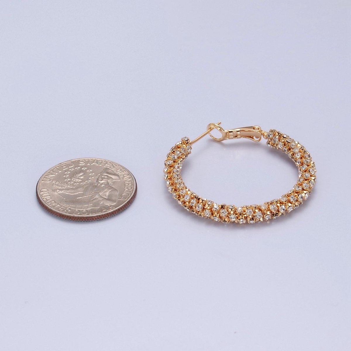 16K Gold Filled Clear Micro Paved CZ Lined Latch Hoop Earrings | T-435