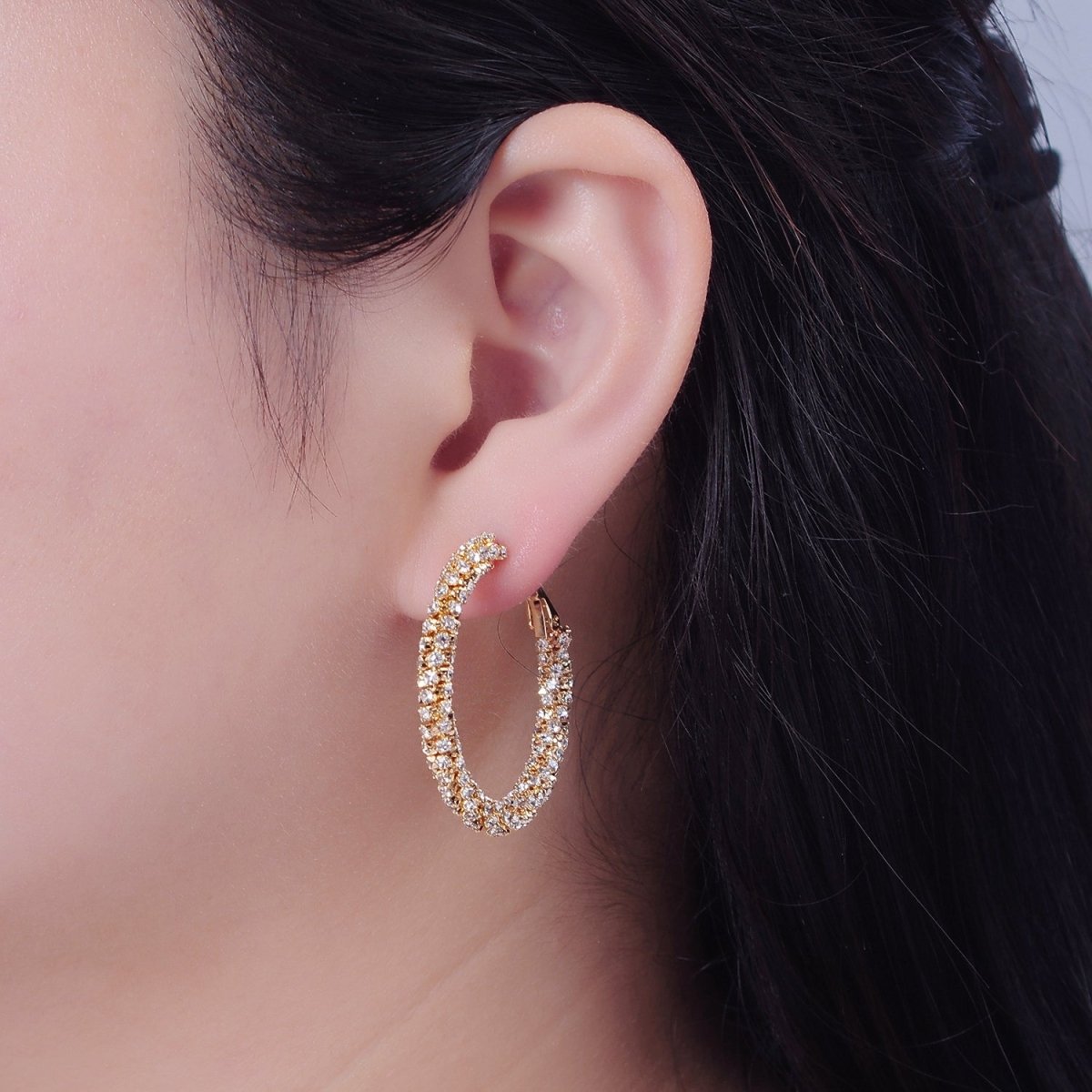 16K Gold Filled Clear Micro Paved CZ Lined Latch Hoop Earrings | T-435