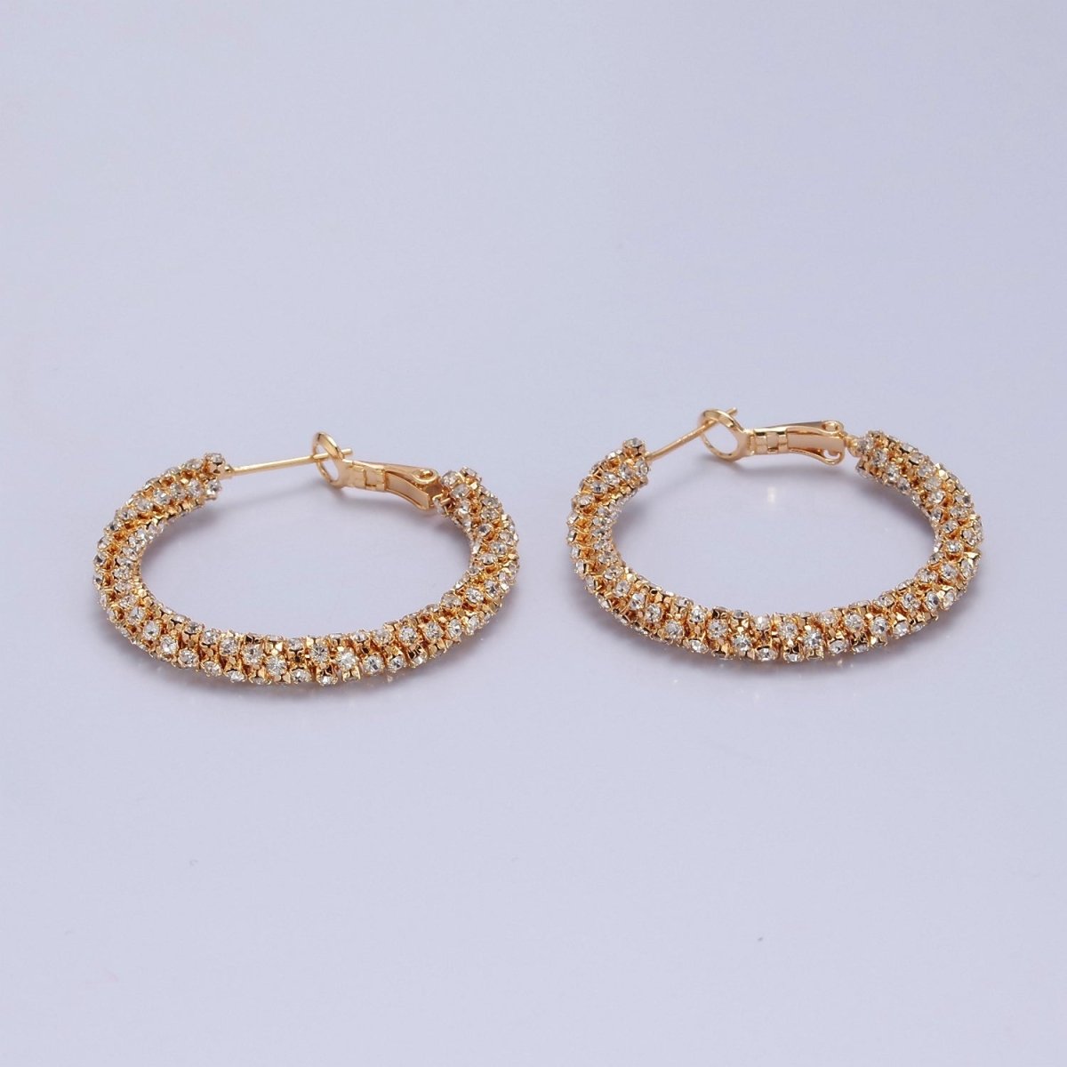 16K Gold Filled Clear Micro Paved CZ Lined Latch Hoop Earrings | T-435