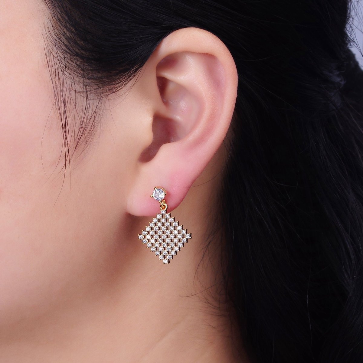 16K Gold Filled Clear Micro Paved CZ Rhombus Drop Stud Earrings | AD-407