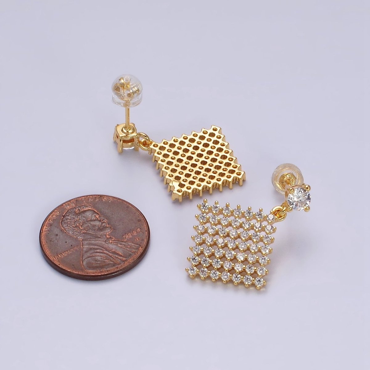 16K Gold Filled Clear Micro Paved CZ Rhombus Drop Stud Earrings | AD-407