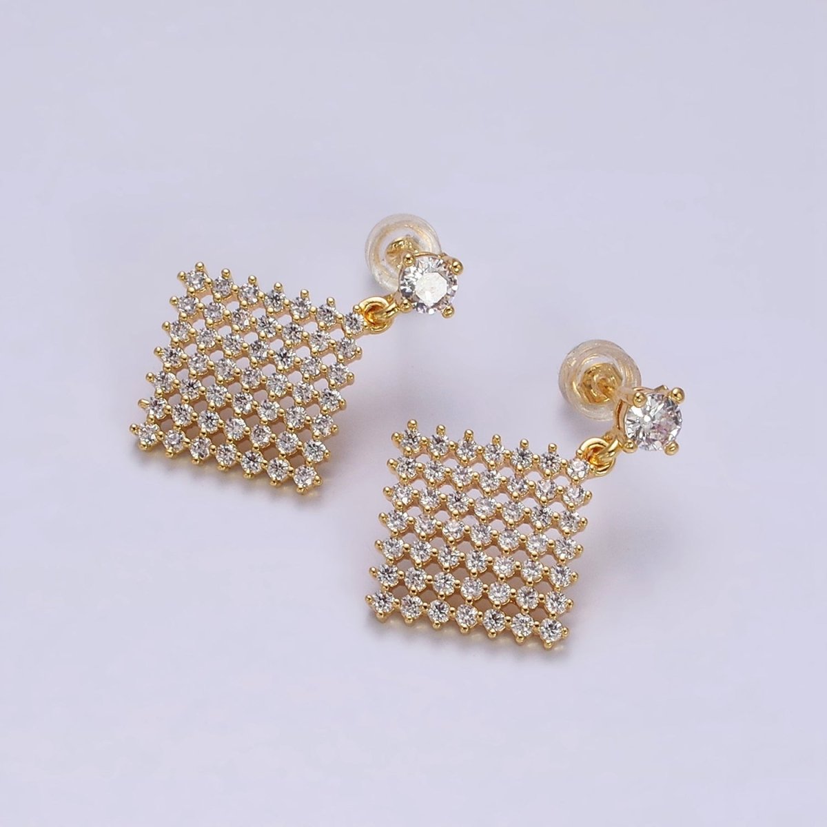 16K Gold Filled Clear Micro Paved CZ Rhombus Drop Stud Earrings | AD-407