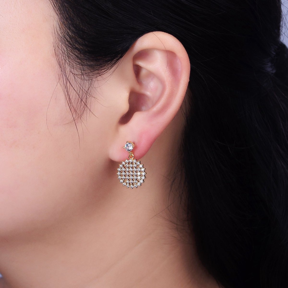 16K Gold Filled Clear Micro Paved CZ Round Drop Stud Earrings | AD-405