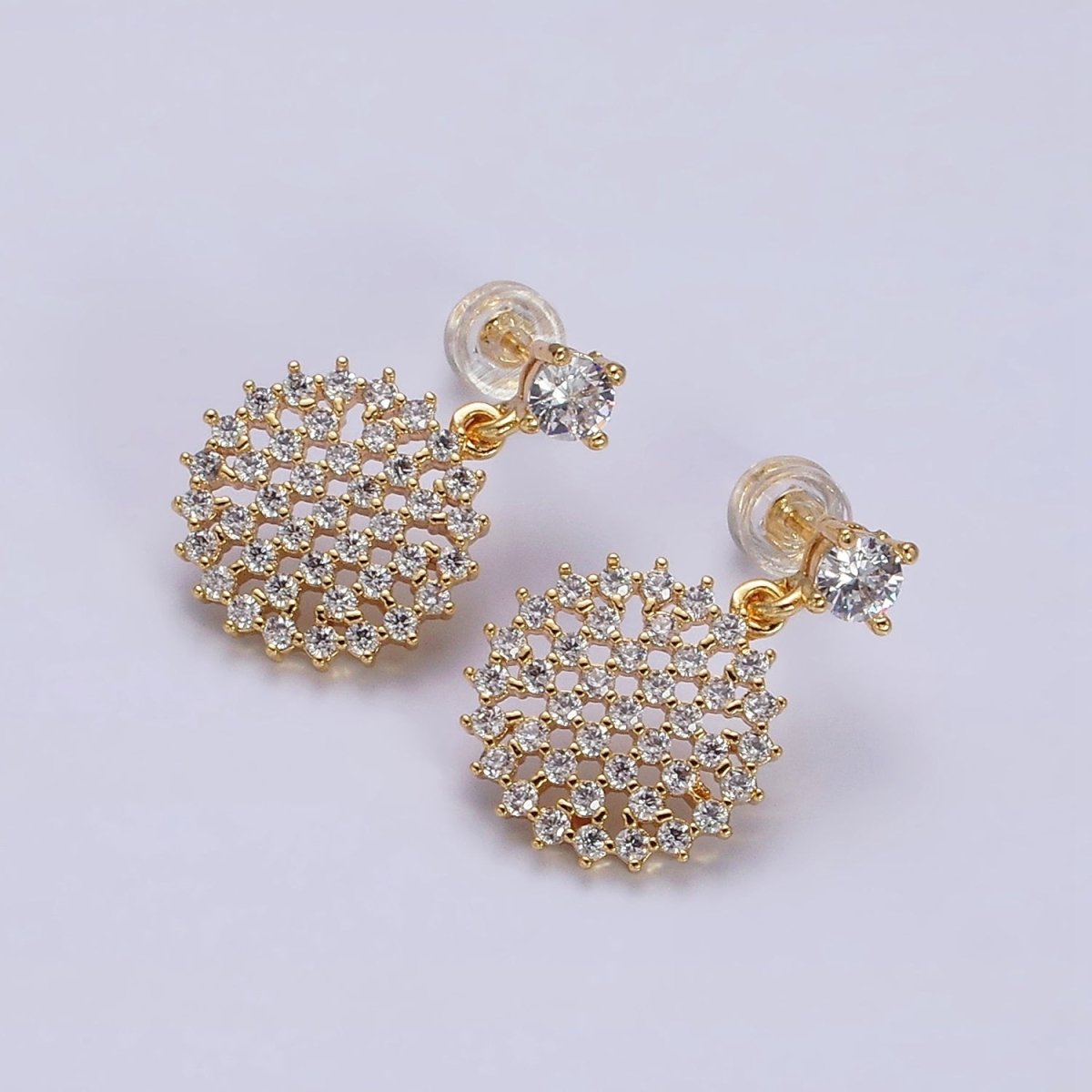 16K Gold Filled Clear Micro Paved CZ Round Drop Stud Earrings | AD-405