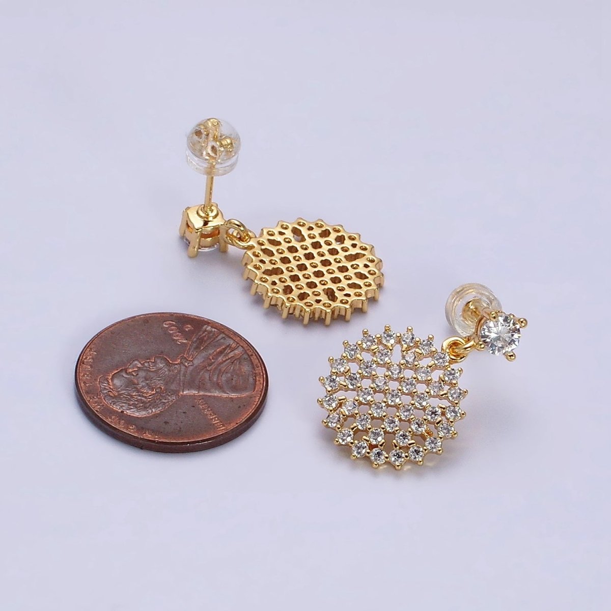 16K Gold Filled Clear Micro Paved CZ Round Drop Stud Earrings | AD-405