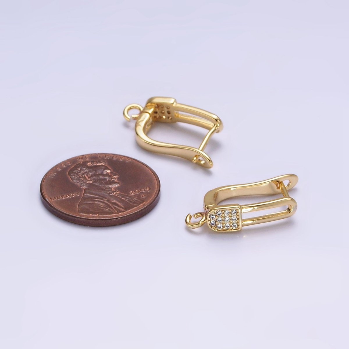 16K Gold Filled Clear Micro Paved CZ Safety Pin Oblong Open Loop English Lock Earrings | Z-467