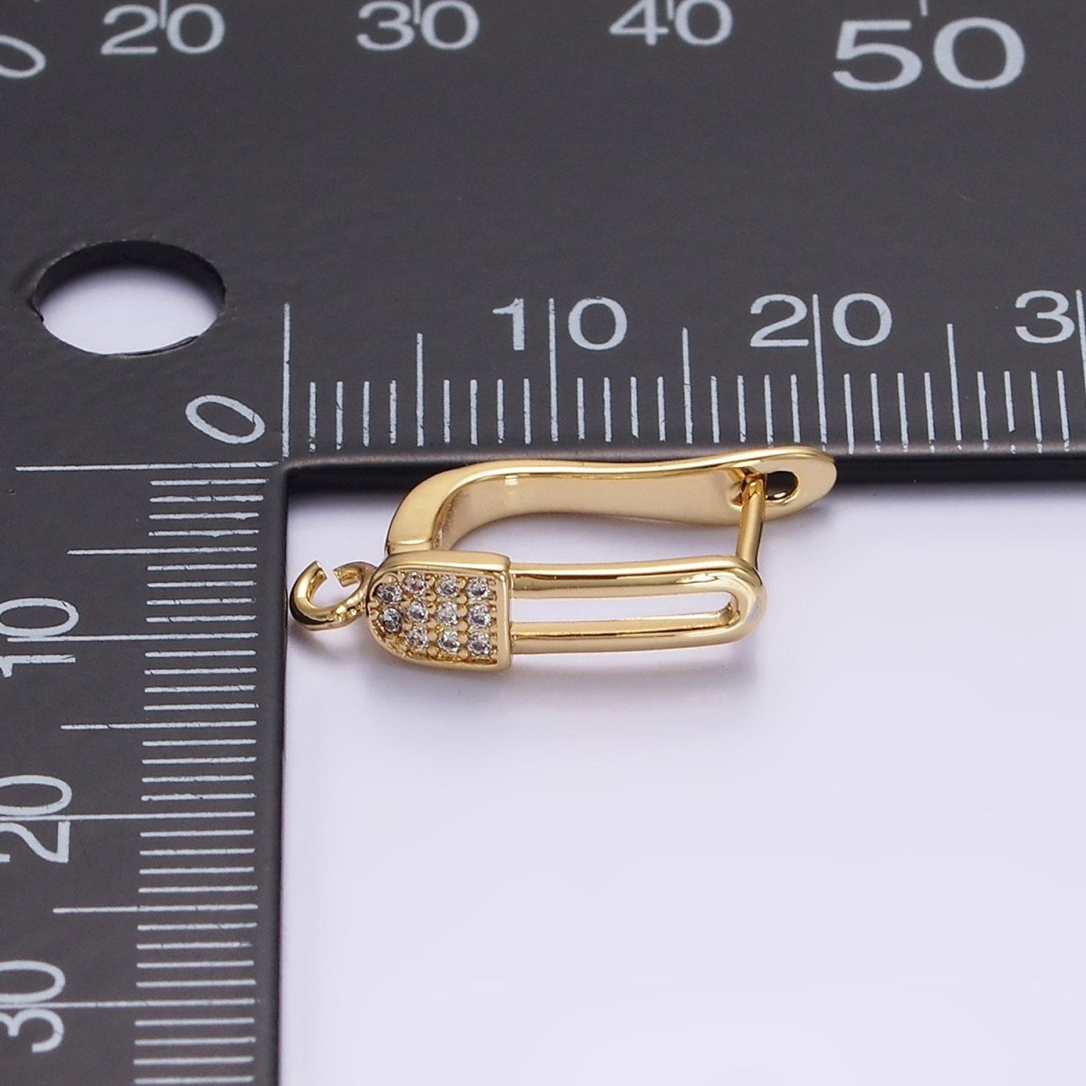 16K Gold Filled Clear Micro Paved CZ Safety Pin Oblong Open Loop English Lock Earrings | Z-467