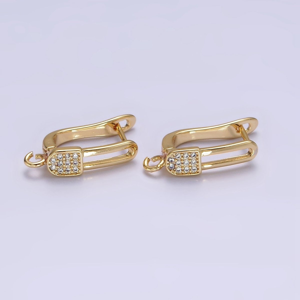 16K Gold Filled Clear Micro Paved CZ Safety Pin Oblong Open Loop English Lock Earrings | Z-467