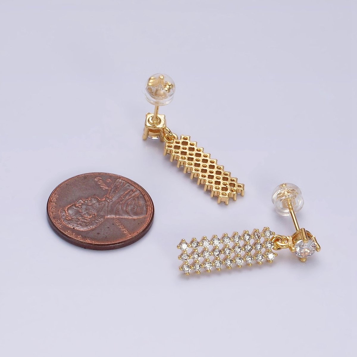 16K Gold Filled Clear Micro Paved CZ Tag Drop Stud Earrings | AD-406