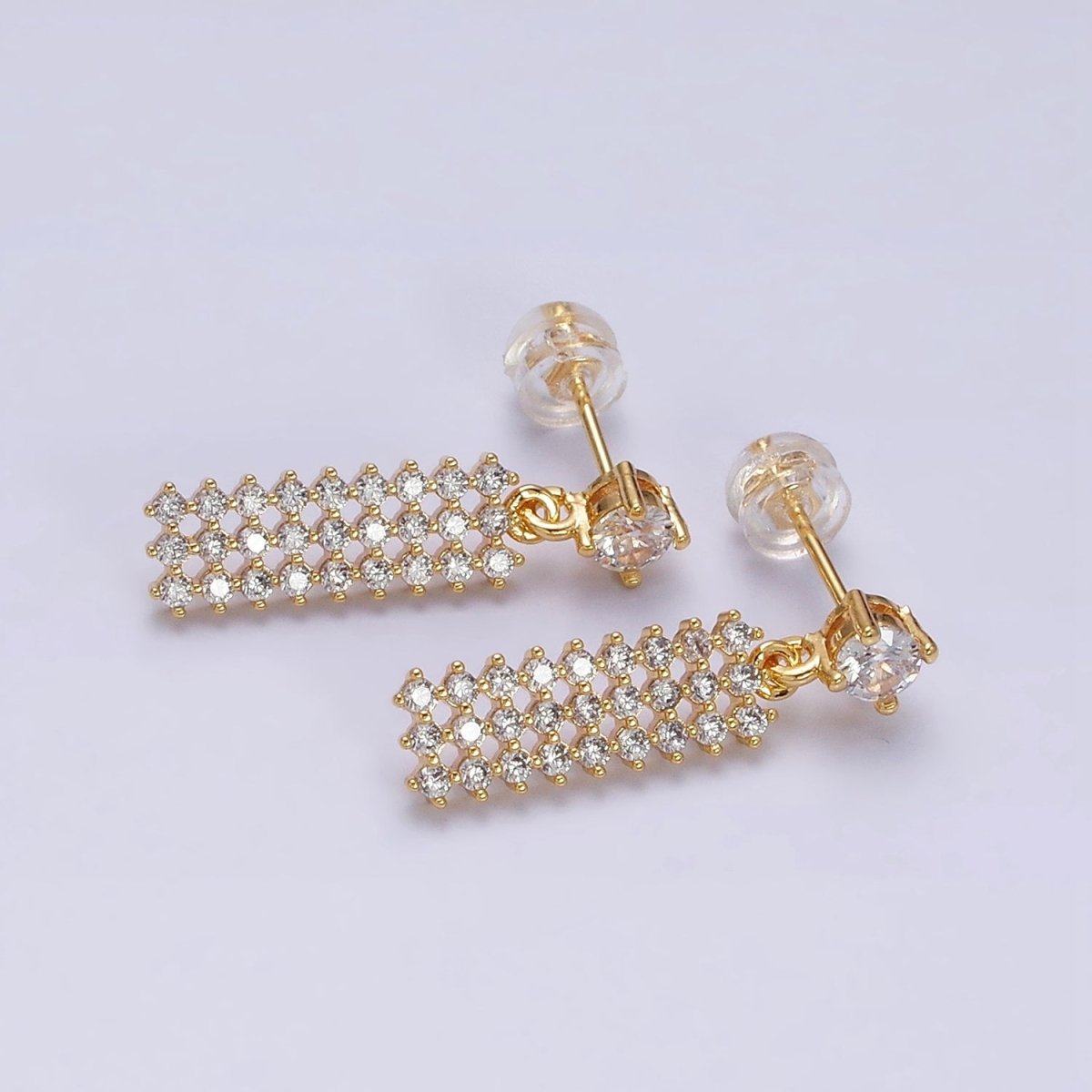 16K Gold Filled Clear Micro Paved CZ Tag Drop Stud Earrings | AD-406
