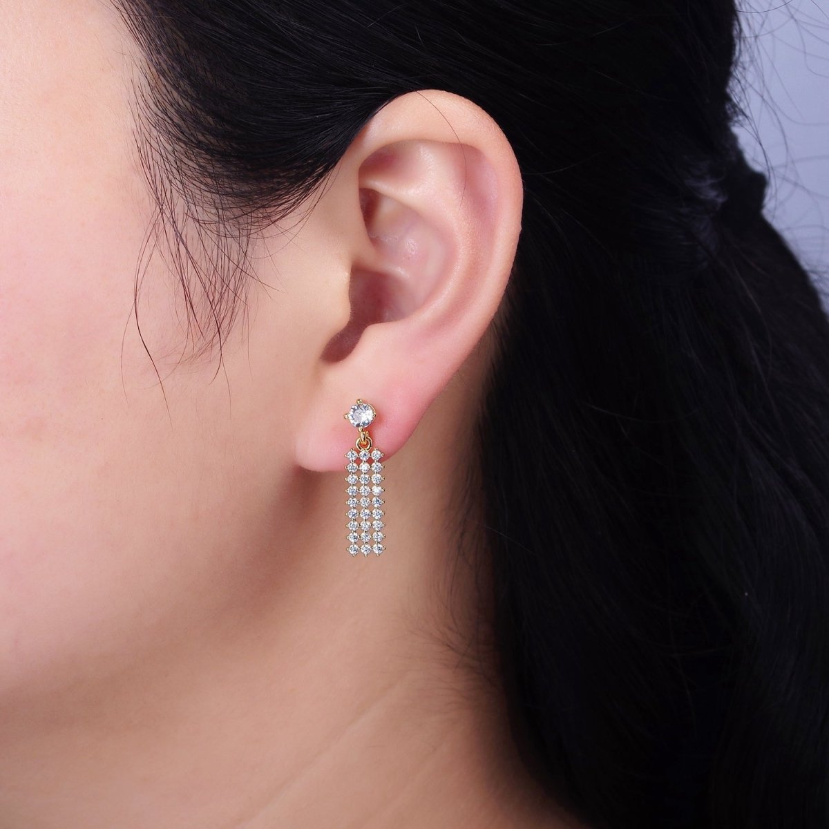 16K Gold Filled Clear Micro Paved CZ Tag Drop Stud Earrings | AD-406