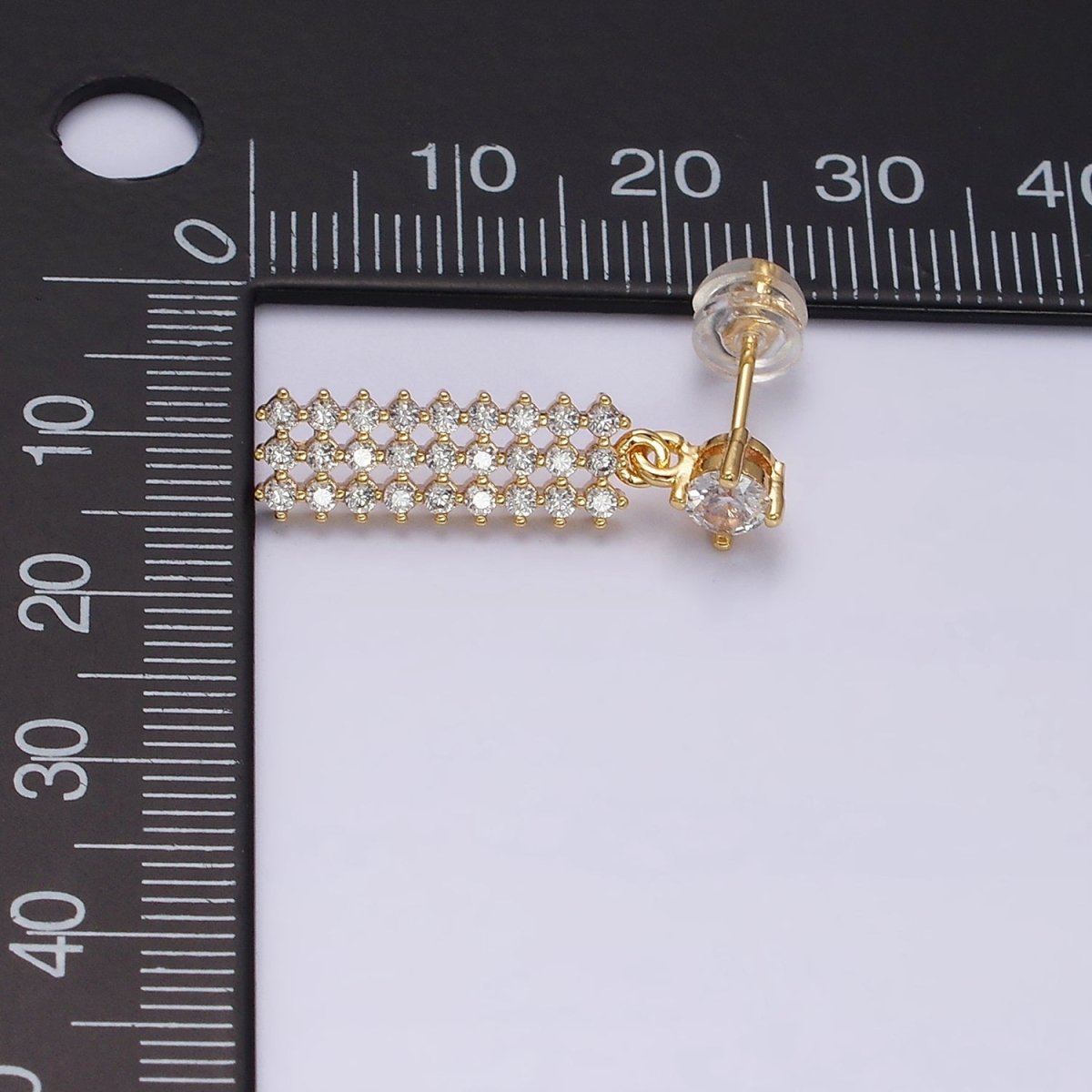 16K Gold Filled Clear Micro Paved CZ Tag Drop Stud Earrings | AD-406