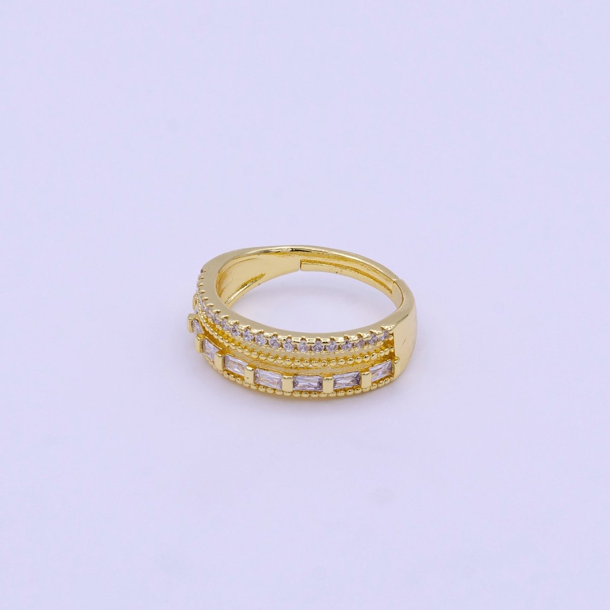16K Gold Filled Clear, Multicolor Baguette Beaded Micro Paved CZ Adjustable Ring | O-1567 O-1568