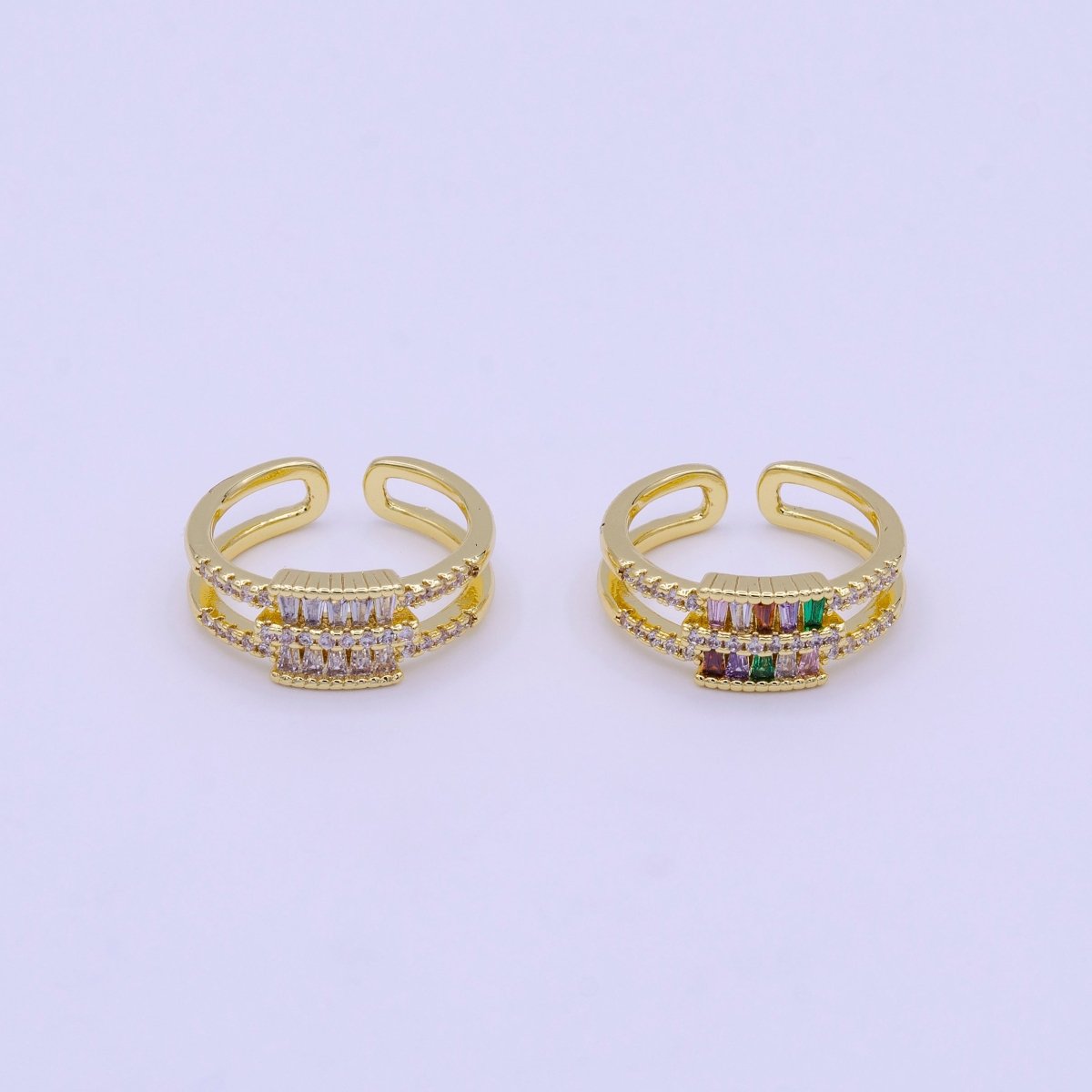 16K Gold Filled Clear, Multicolor Baguette Micro Paved CZ Double Band Ring | O1569 O1570