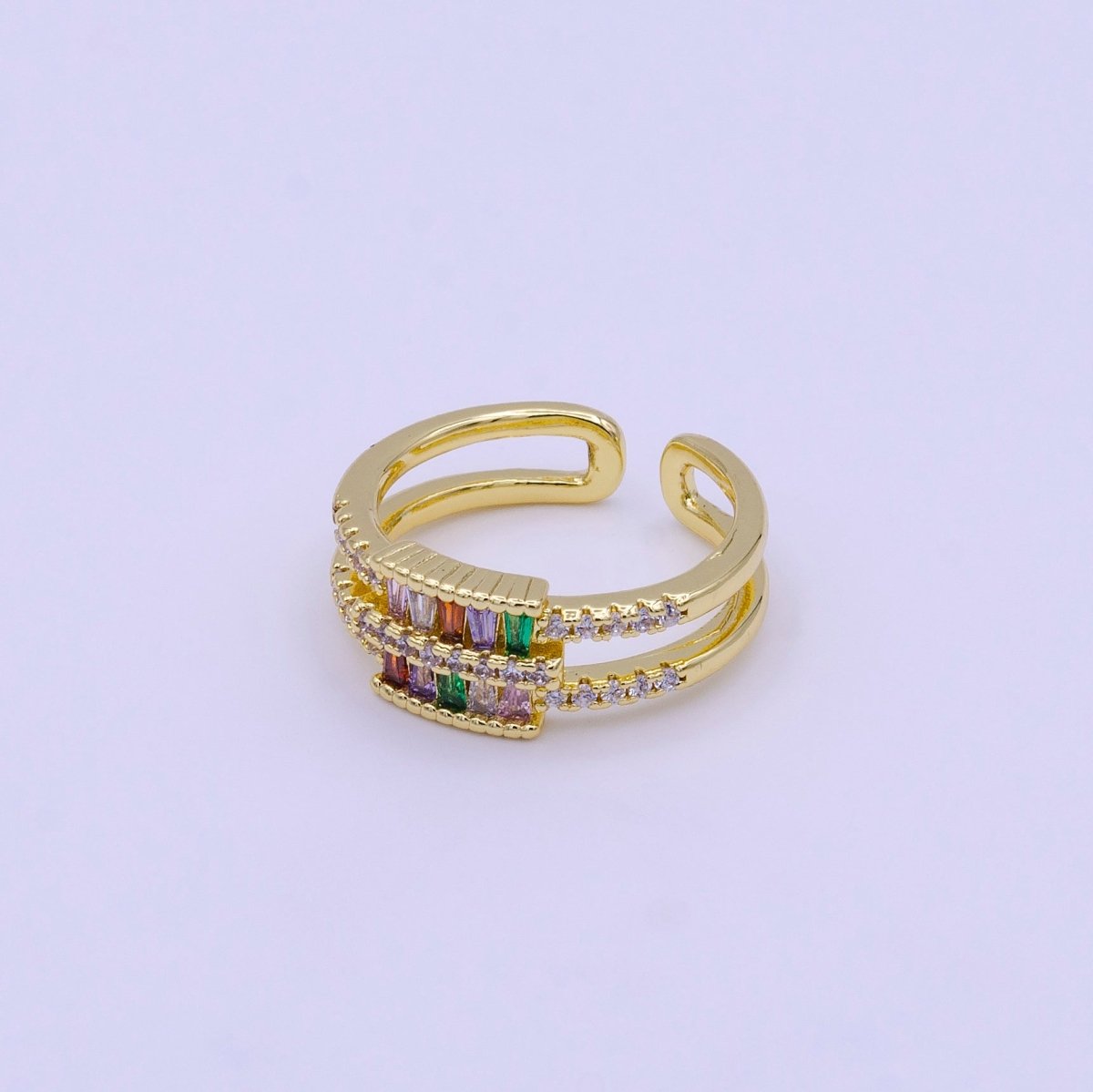 16K Gold Filled Clear, Multicolor Baguette Micro Paved CZ Double Band Ring | O1569 O1570