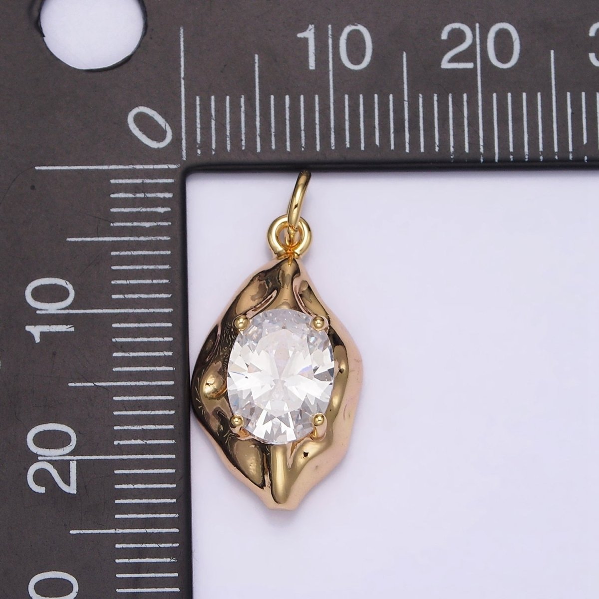 16K Gold Filled Clear Oval CZ Hammered Molten Charm | N940