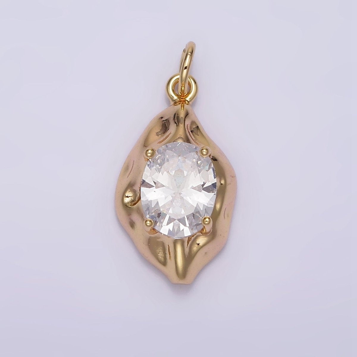16K Gold Filled Clear Oval CZ Hammered Molten Charm | N940