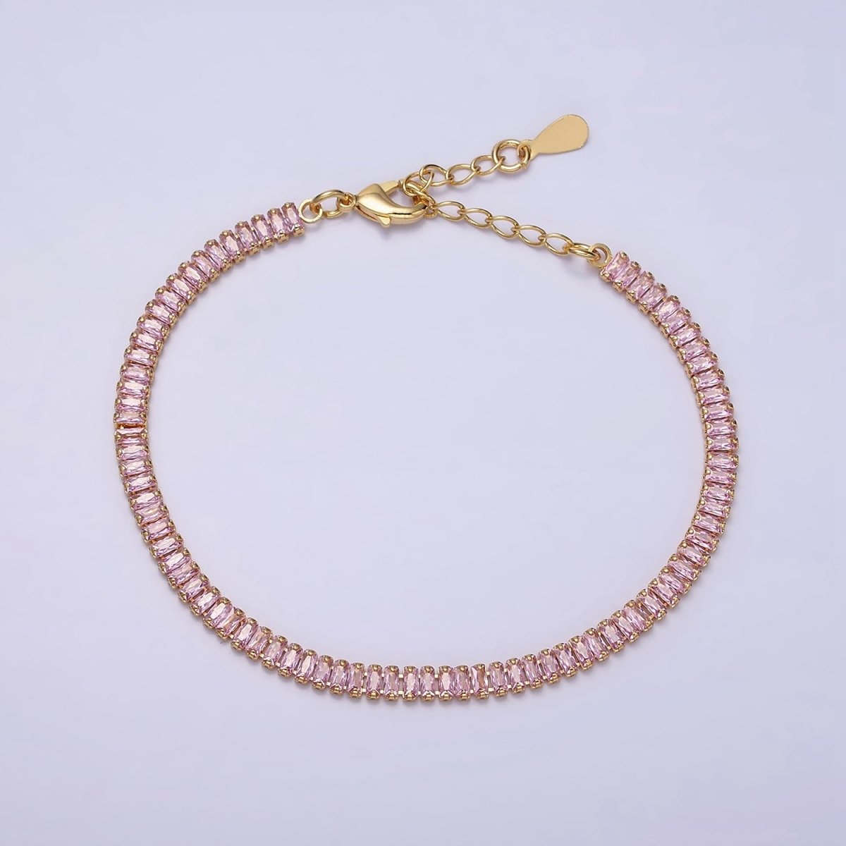 16K Gold Filled Clear, Pink Baguette CZ 3.5mm Tennis Chain 6.5 Inch Bracelet | WA-1820 - WA-1823 Clearance Pricing