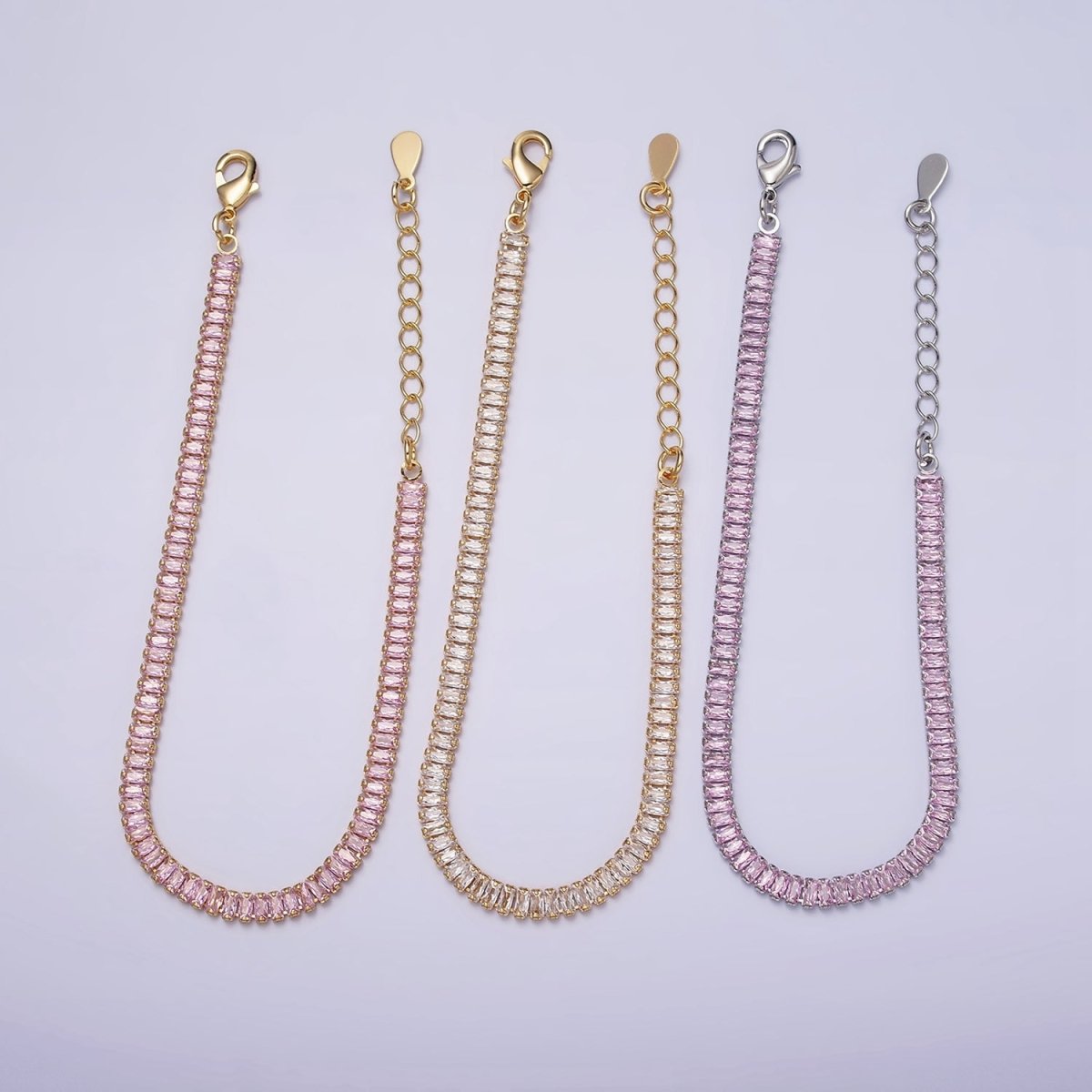 16K Gold Filled Clear, Pink Baguette CZ 3.5mm Tennis Chain 6.5 Inch Bracelet | WA-1820 - WA-1823 Clearance Pricing