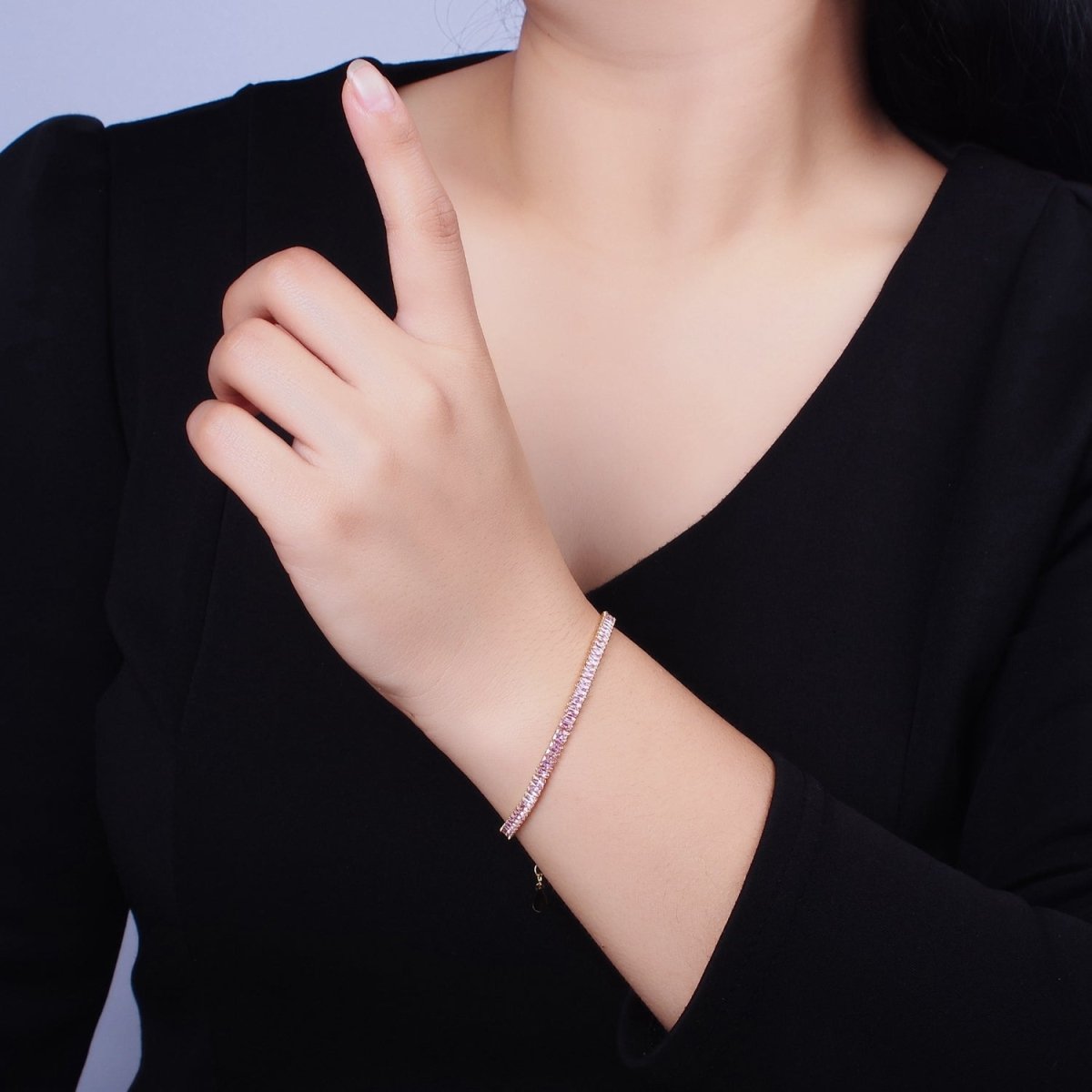 16K Gold Filled Clear, Pink Baguette CZ 3.5mm Tennis Chain 6.5 Inch Bracelet | WA-1820 - WA-1823 Clearance Pricing