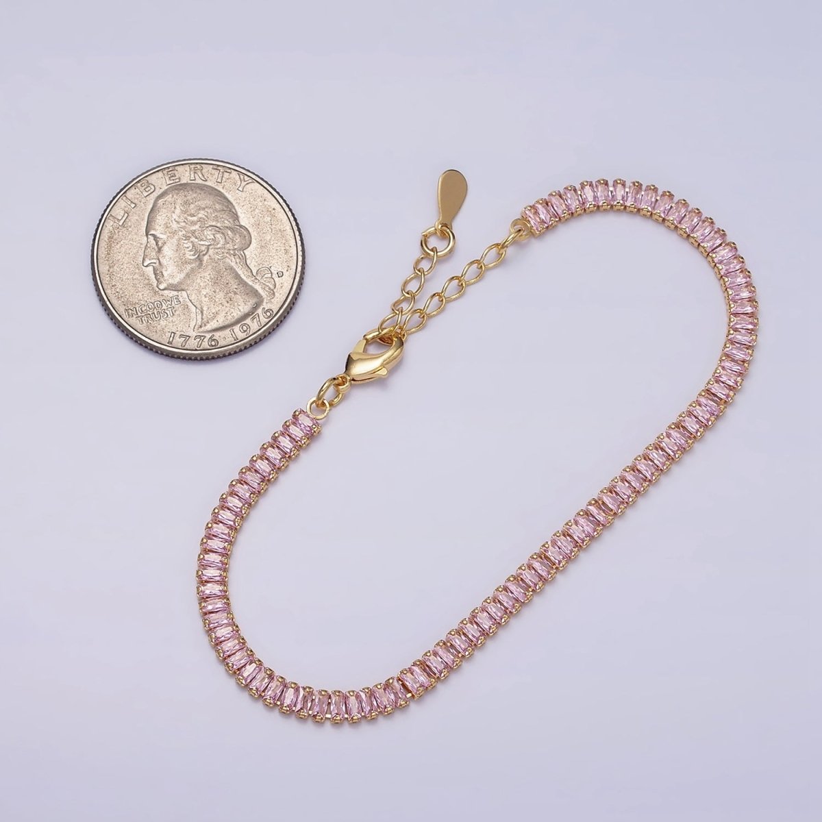 16K Gold Filled Clear, Pink Baguette CZ 3.5mm Tennis Chain 6.5 Inch Bracelet | WA-1820 - WA-1823 Clearance Pricing