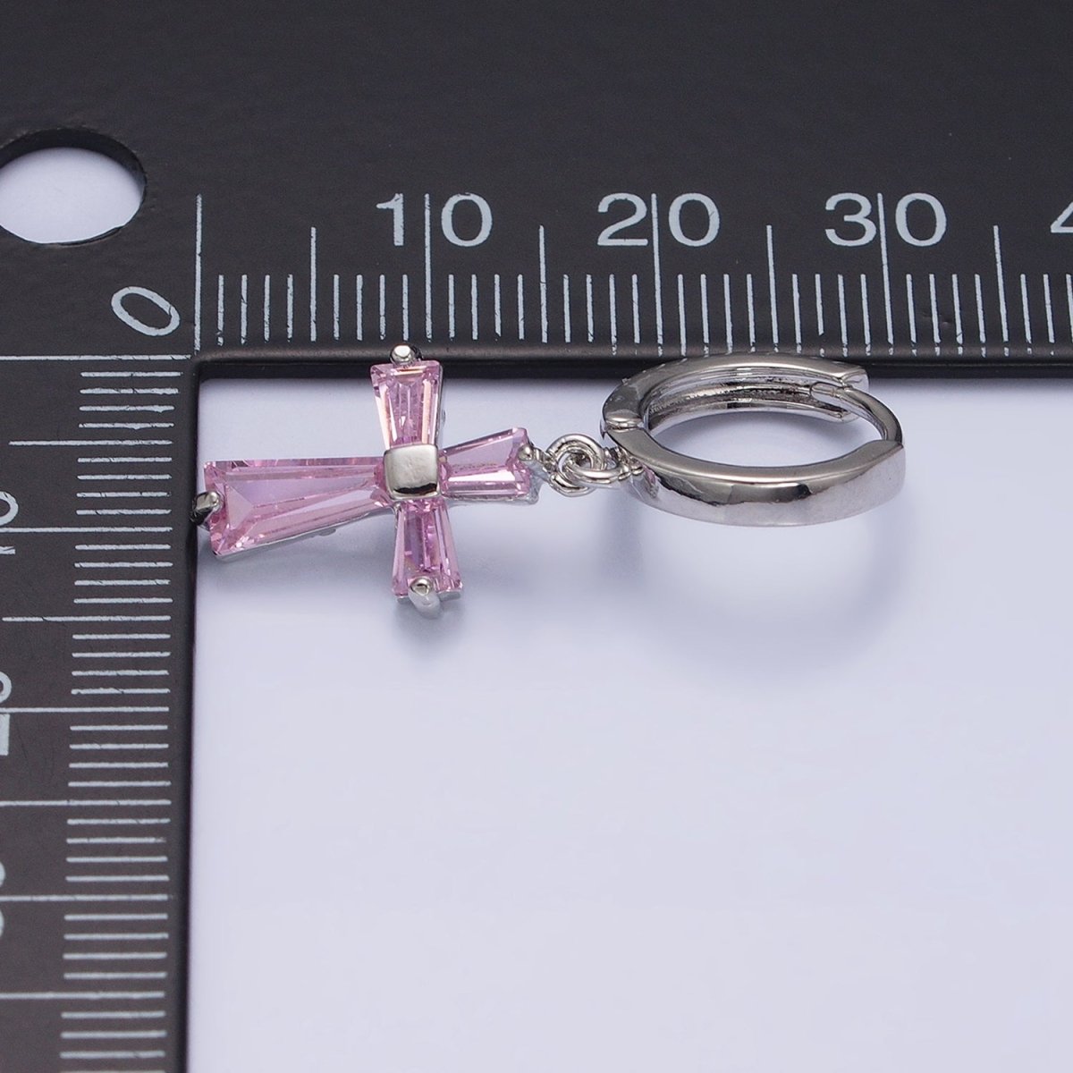 16K Gold Filled Clear, Pink CZ Baguette Religious Latin Cross Drop Huggie Earring in Gold & Silver | AD939 - AD942
