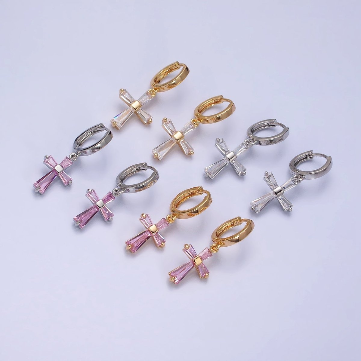 16K Gold Filled Clear, Pink CZ Baguette Religious Latin Cross Drop Huggie Earring in Gold & Silver | AD939 - AD942