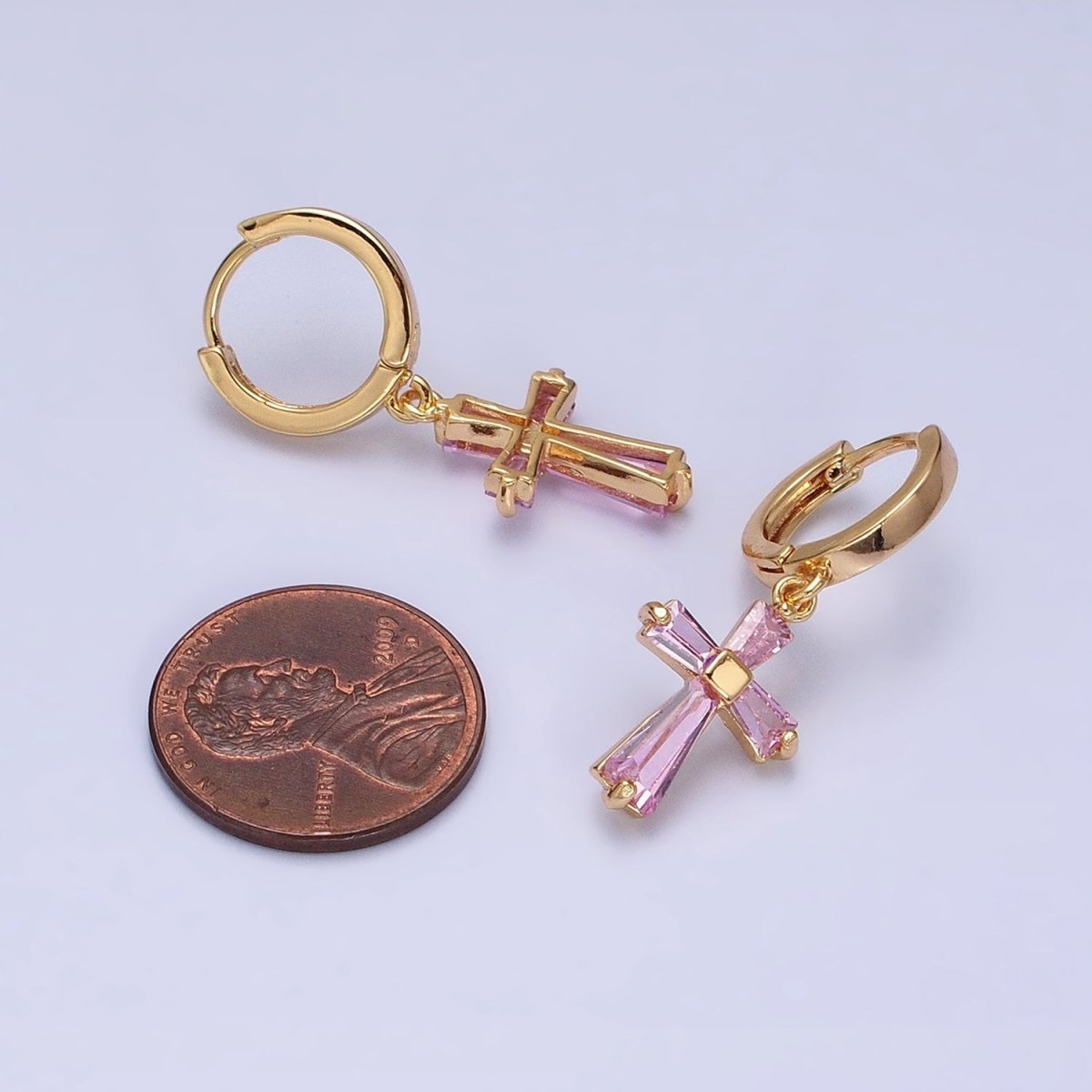16K Gold Filled Clear, Pink CZ Baguette Religious Latin Cross Drop Huggie Earring in Gold & Silver | AD939 - AD942