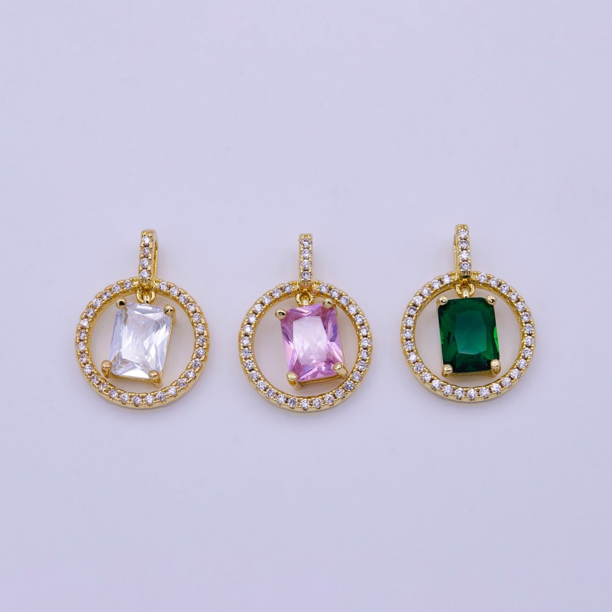 16K Gold Filled Clear, Pink, Green Baguette Dangle Open Round Micro Paved Pendant | AA420 - AA422