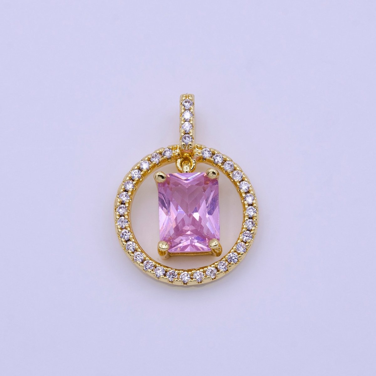 16K Gold Filled Clear, Pink, Green Baguette Dangle Open Round Micro Paved Pendant | AA420 - AA422