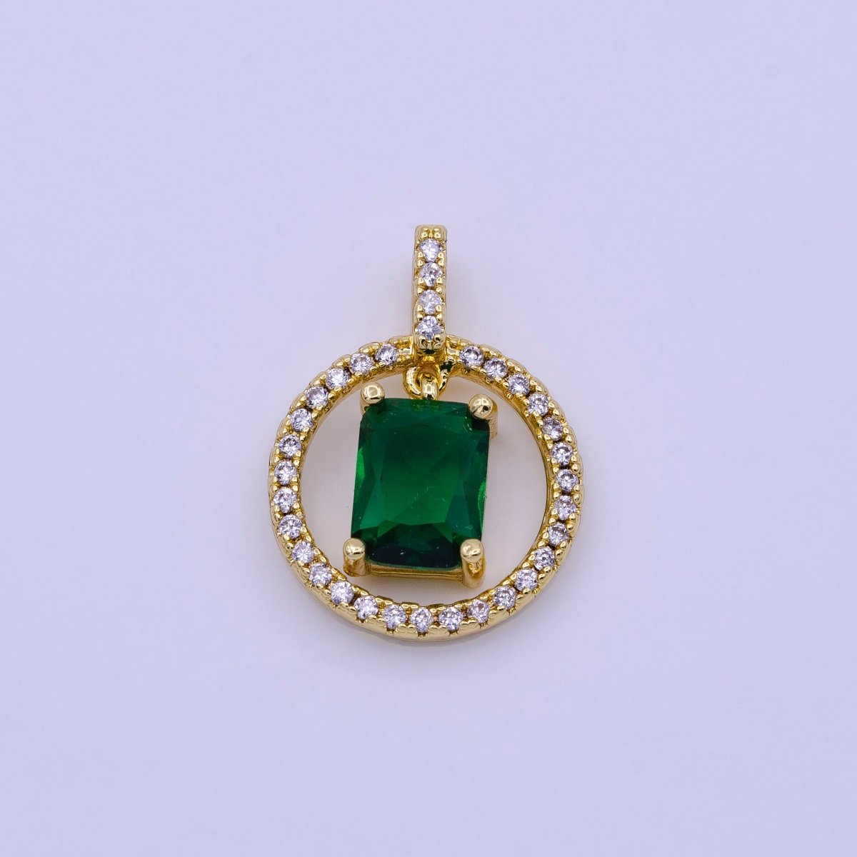 16K Gold Filled Clear, Pink, Green Baguette Dangle Open Round Micro Paved Pendant | AA420 - AA422