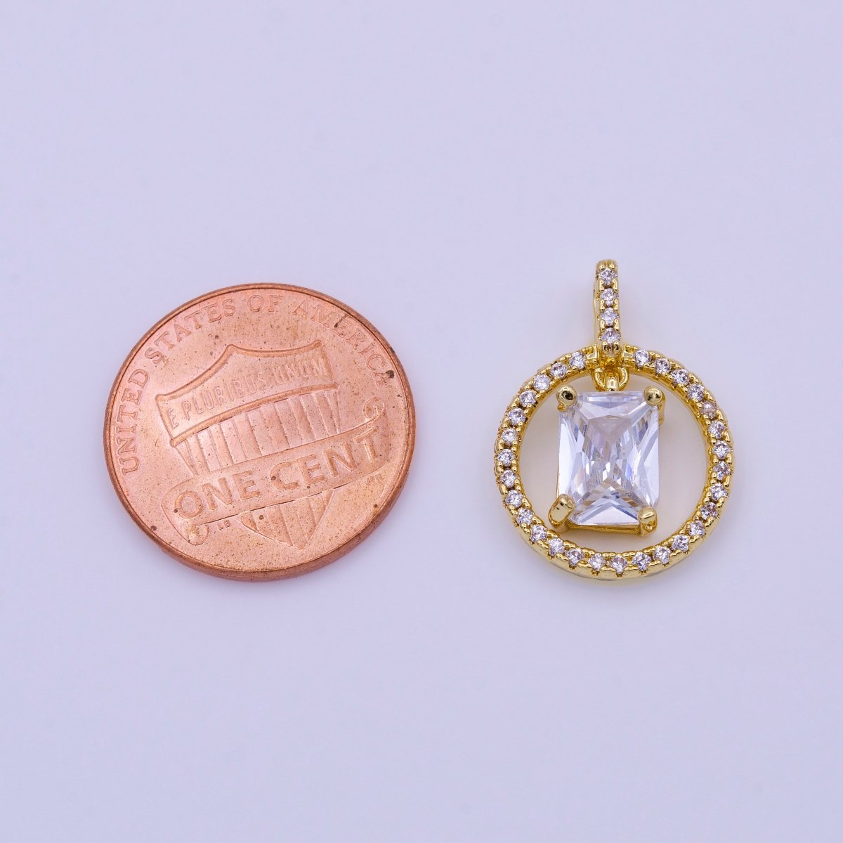 16K Gold Filled Clear, Pink, Green Baguette Dangle Open Round Micro Paved Pendant | AA420 - AA422