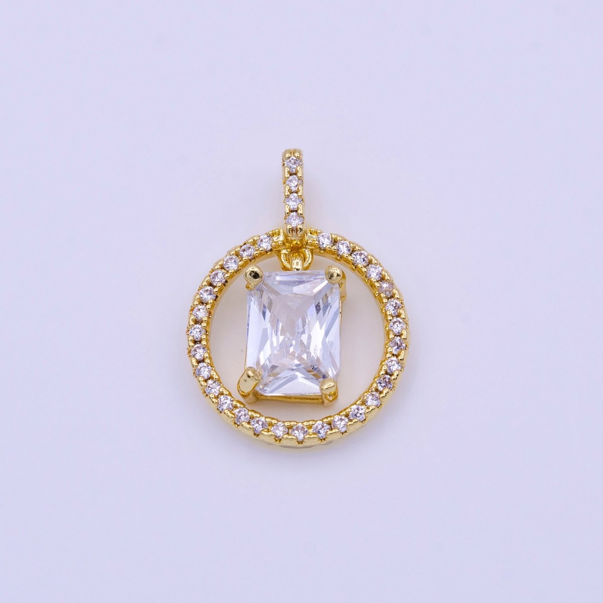 16K Gold Filled Clear, Pink, Green Baguette Dangle Open Round Micro Paved Pendant | AA420 - AA422
