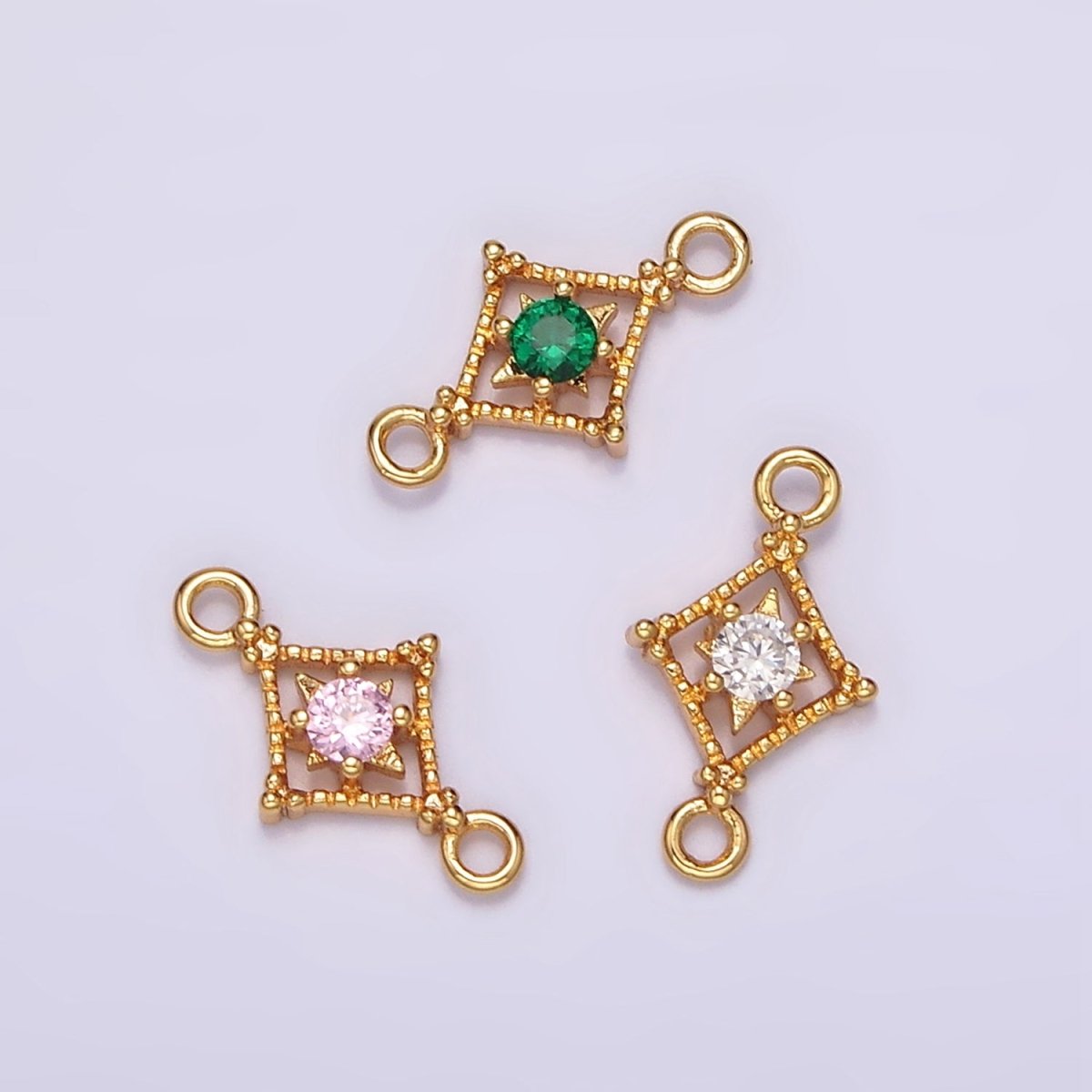 16K Gold Filled Clear, Pink, Green CZ Celestial Star Beaded Rhombus Connector | G-054 - G-056