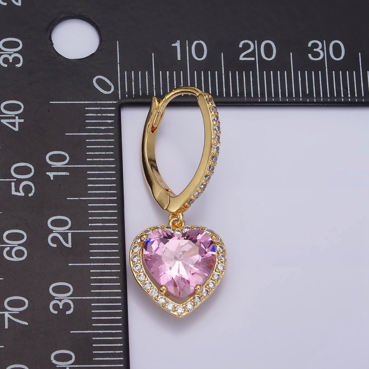 16K Gold Filled Clear, Pink Heart CZ Drop Micro Paved Triangle Hoop Earrings in Gold & Silver | AE637 - AE640