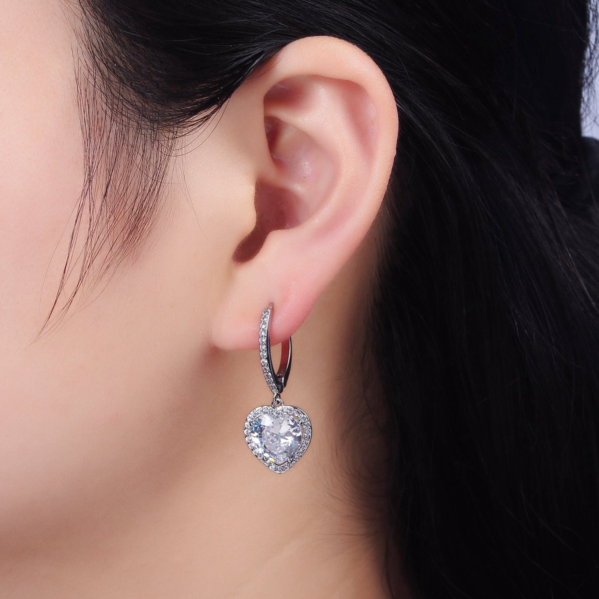 16K Gold Filled Clear, Pink Heart CZ Drop Micro Paved Triangle Hoop Earrings in Gold & Silver | AE637 - AE640