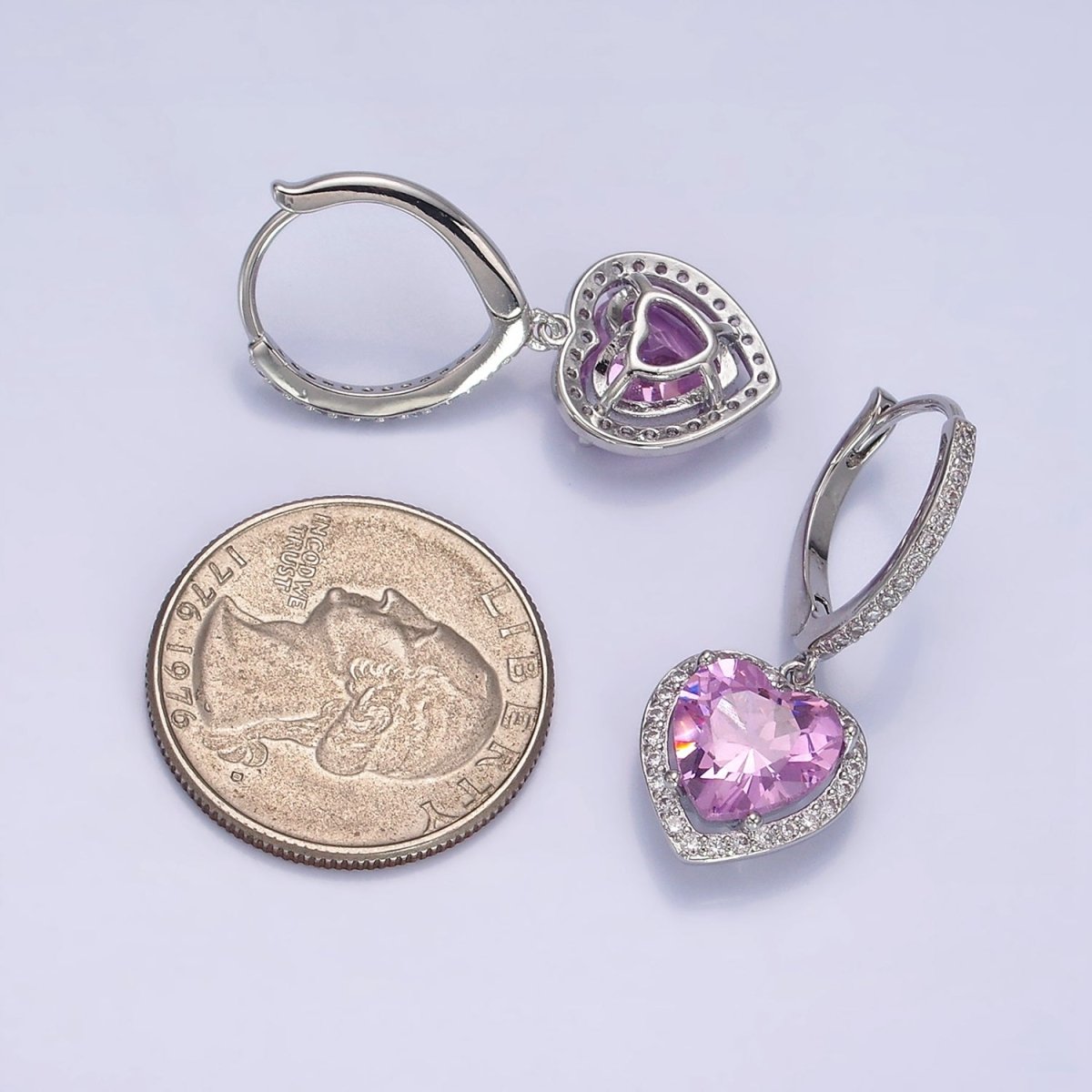 16K Gold Filled Clear, Pink Heart CZ Drop Micro Paved Triangle Hoop Earrings in Gold & Silver | AE637 - AE640