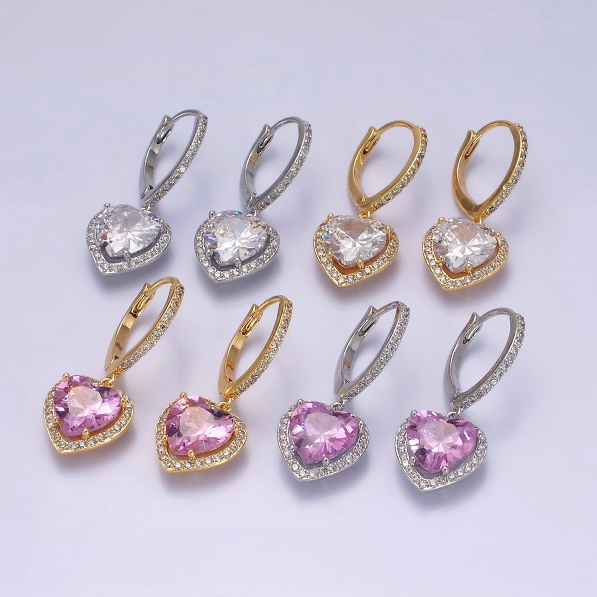 16K Gold Filled Clear, Pink Heart CZ Drop Micro Paved Triangle Hoop Earrings in Gold & Silver | AE637 - AE640
