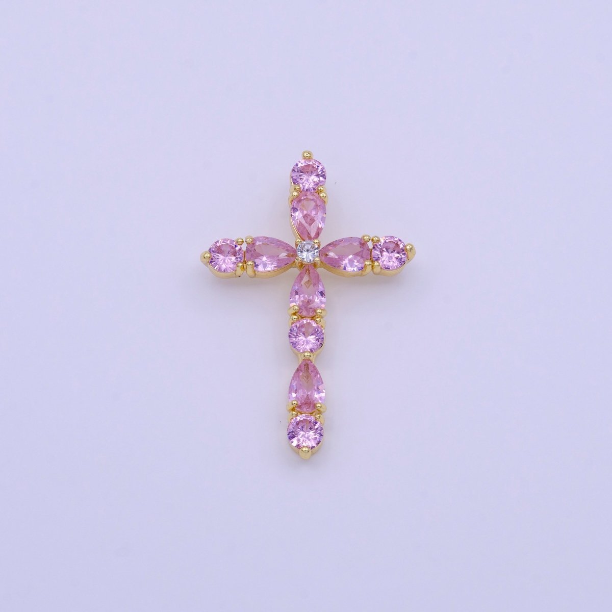16K Gold Filled Clear, Pink Round Teardrop CZ Lined Religious Cross Pendant | AA423 AA424