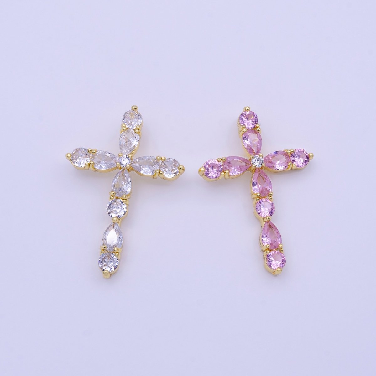 16K Gold Filled Clear, Pink Round Teardrop CZ Lined Religious Cross Pendant | AA423 AA424