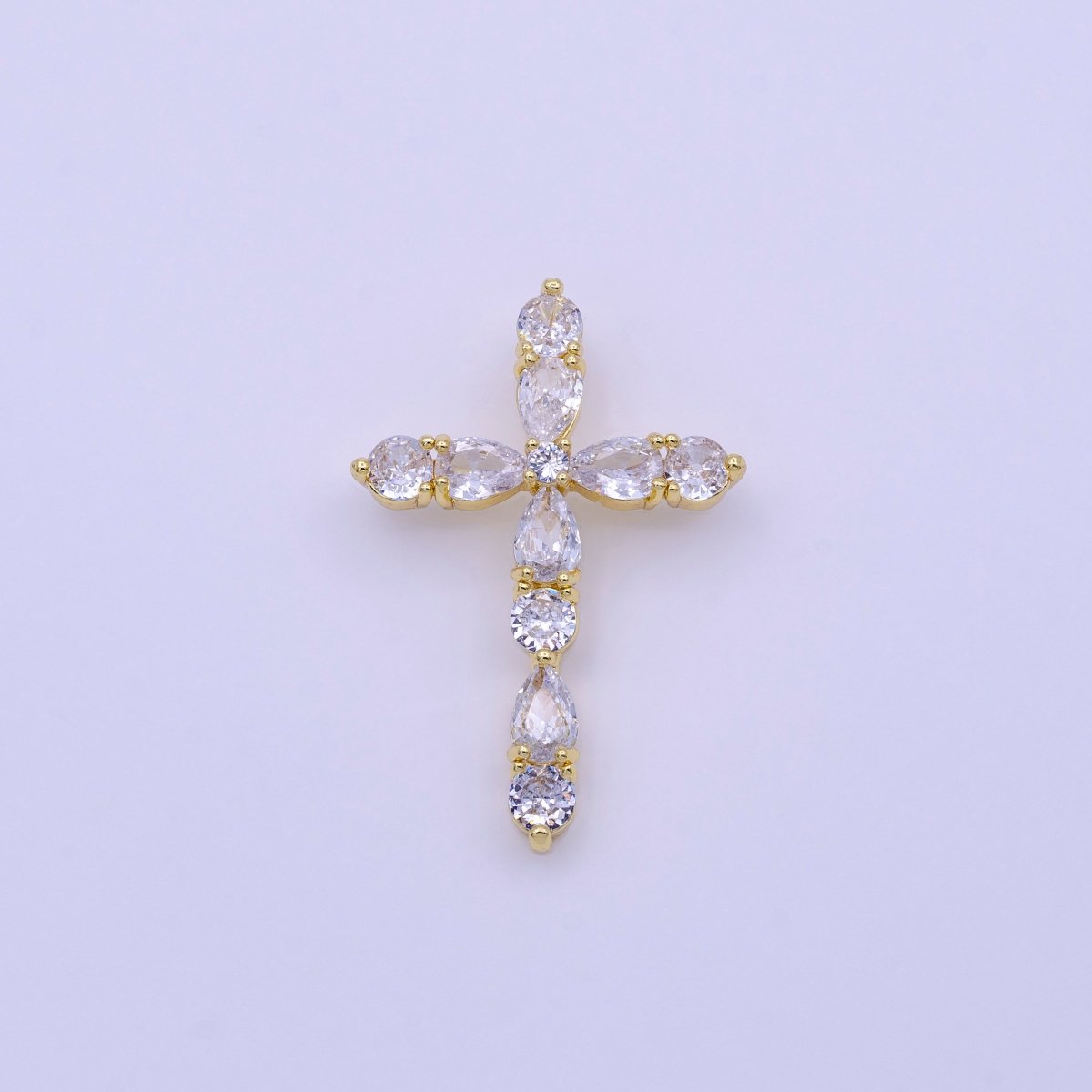16K Gold Filled Clear, Pink Round Teardrop CZ Lined Religious Cross Pendant | AA423 AA424