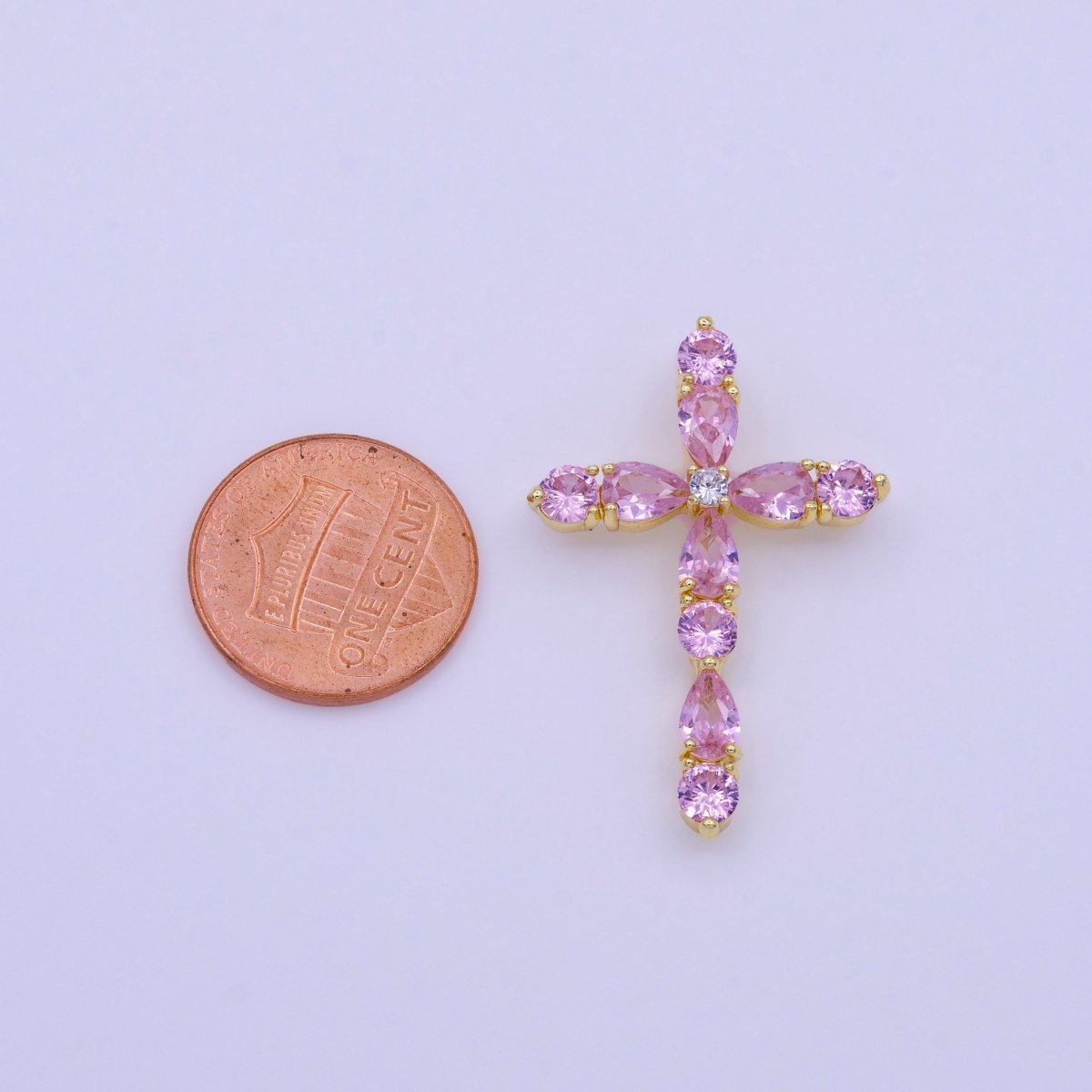 16K Gold Filled Clear, Pink Round Teardrop CZ Lined Religious Cross Pendant | AA423 AA424
