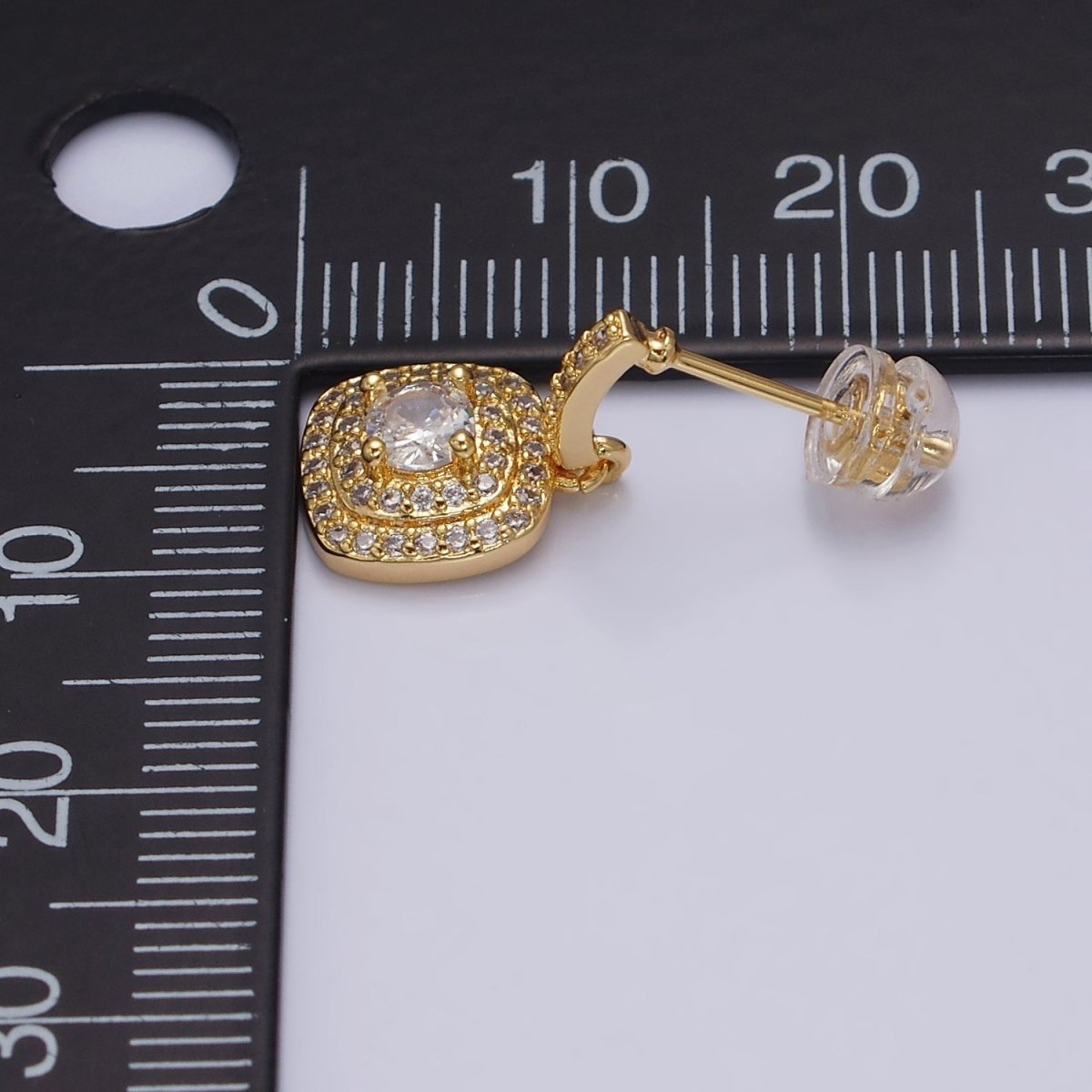 16K Gold Filled Clear Square Micro Paved Round CZ Drop Linear Stud Earrings in Gold & Silver | AD-317 AD-318