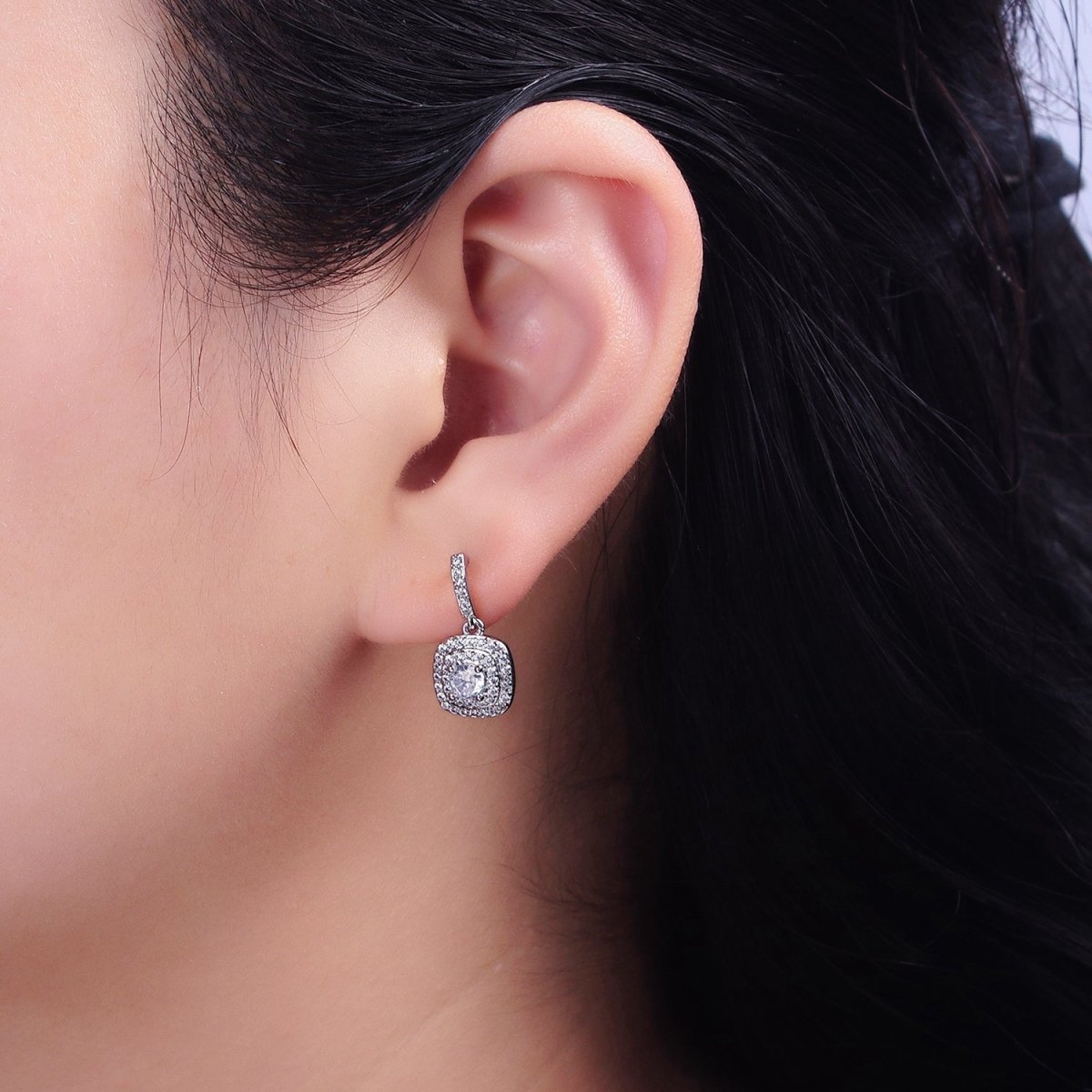 16K Gold Filled Clear Square Micro Paved Round CZ Drop Linear Stud Earrings in Gold & Silver | AD-317 AD-318