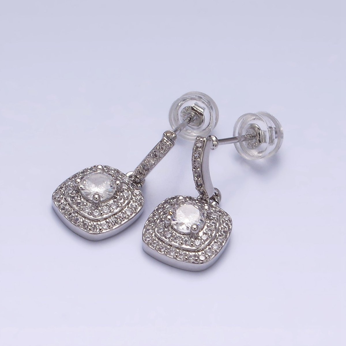 16K Gold Filled Clear Square Micro Paved Round CZ Drop Linear Stud Earrings in Gold & Silver | AD-317 AD-318