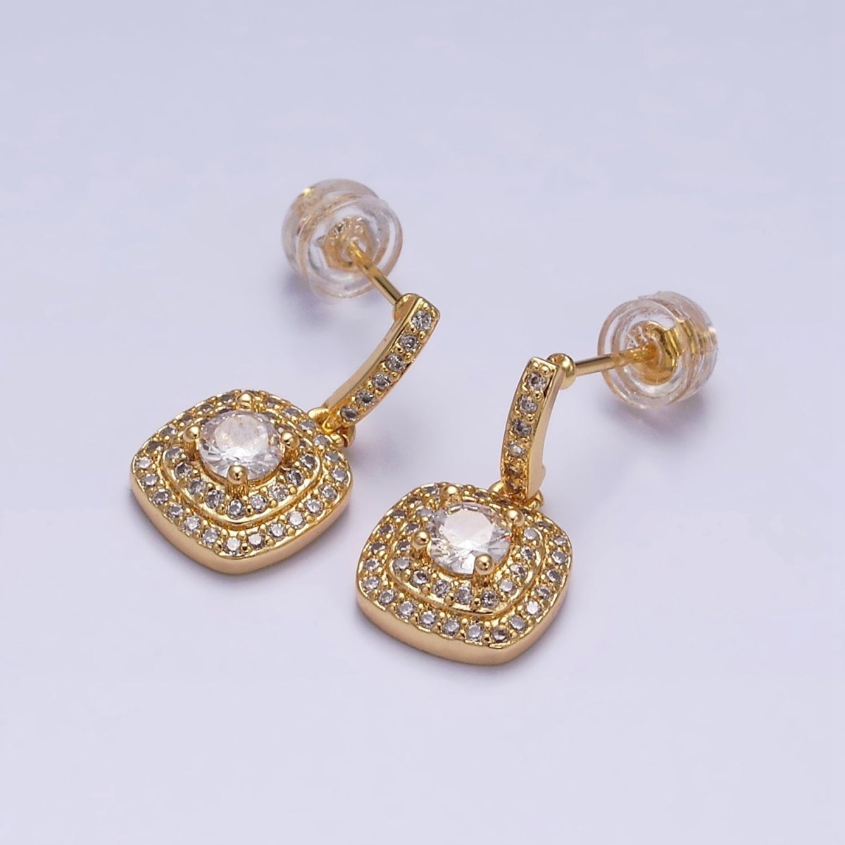 16K Gold Filled Clear Square Micro Paved Round CZ Drop Linear Stud Earrings in Gold & Silver | AD-317 AD-318