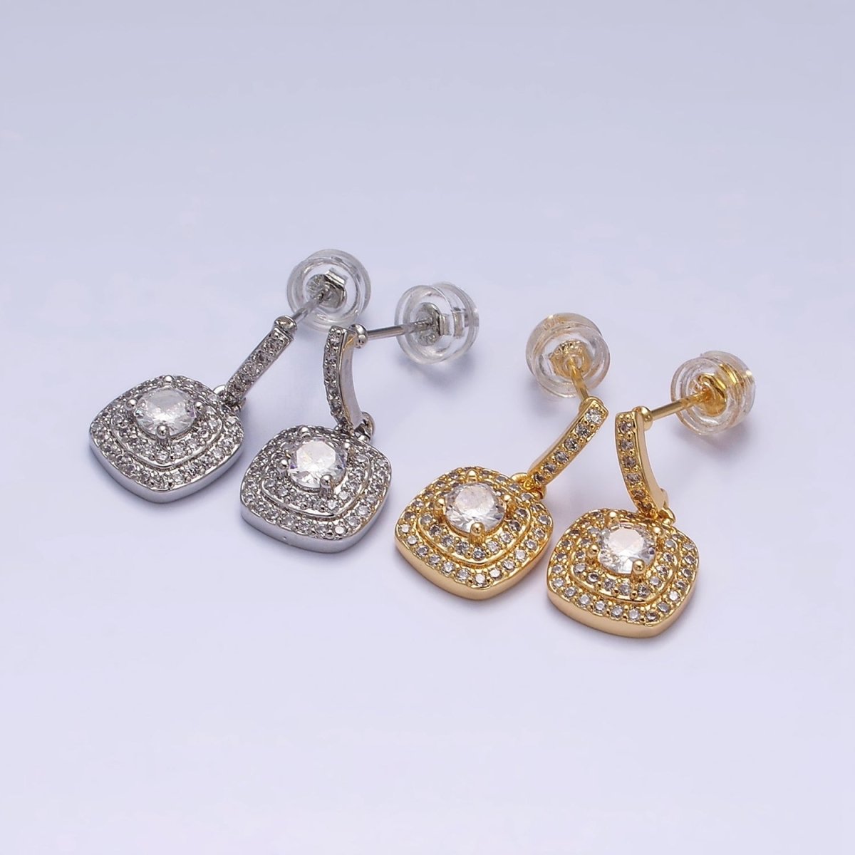 16K Gold Filled Clear Square Micro Paved Round CZ Drop Linear Stud Earrings in Gold & Silver | AD-317 AD-318