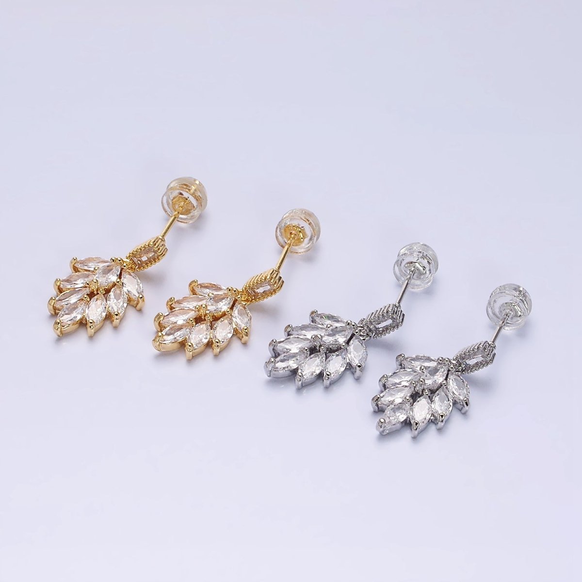 16K Gold Filled Clear Teardrop Baguette CZ Drop Stud Earrings in Gold & Silver | AD1008 AD1009