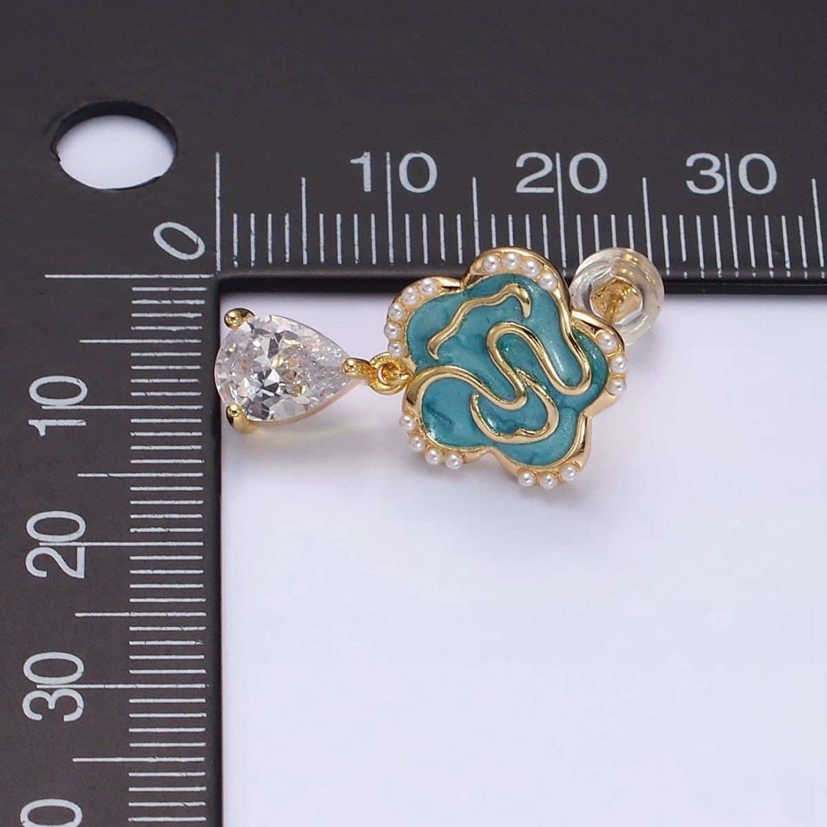 16K Gold Filled Clear Teardrop CZ Drop Teal Sparkly Enamel Abstract Pearl Lined Flower Stud Earrings in Gold & Silver | AD-385 AD-386